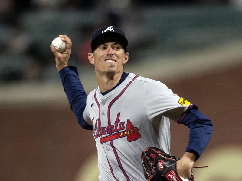 Aug 14, 2024; San Francisco, California, USA; Atlanta Braves pitcher Jimmy Herget (64) delivers a pitch against the San Francisco Giants during the ninth inning at Oracle Park. Mandatory Credit: D. Ross Cameron-USA TODAY Sports