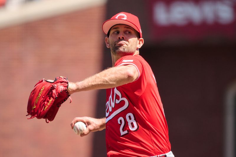 May 12, 2024; San Francisco, California, USA; Cincinnati Reds pitcher Nick Martinez (28) throws a pitch against the San Francisco Giants during the sixth inning at Oracle Park. Mandatory Credit: Robert Edwards-USA TODAY Sports