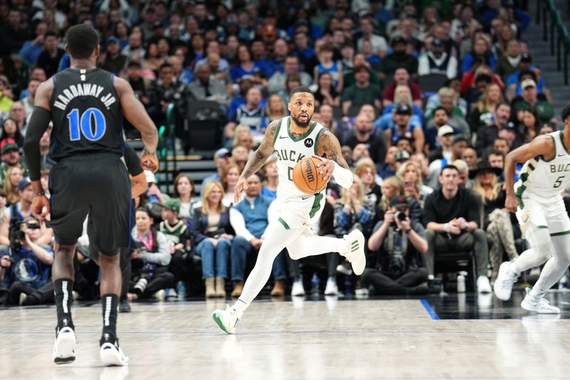 DALLAS, TX - FEBRUARY 3: Damian Lillard #0 of the Milwaukee Bucks dribbles the ball during the game against the Dallas Mavericks on February 3, 2024 at the American Airlines Center in Dallas, Texas. NOTE TO USER: User expressly acknowledges and agrees that, by downloading and or using this photograph, User is consenting to the terms and conditions of the Getty Images License Agreement. Mandatory Copyright Notice: Copyright 2024 NBAE (Photo by Glenn James/NBAE via Getty Images)