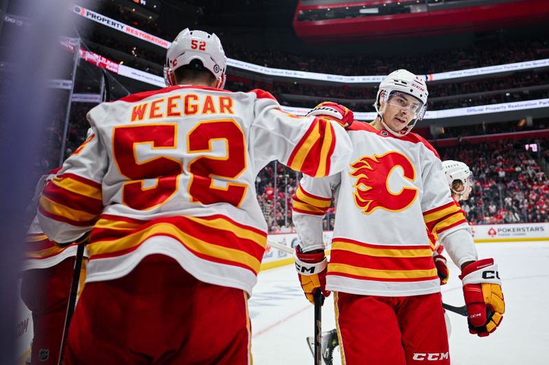 Nov 27, 2024; Detroit, Michigan, USA; Calgary Flames defenseman MacKenzie Weegar (52) and center Yegor Sharangovich (17) celebrate after the goal of center Connor Zary (not pictured) during the third period against the Detroit Red Wings at Little Caesars Arena. Mandatory Credit: Tim Fuller-Imagn Images