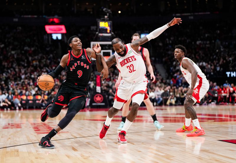 TORONTO, ON - FEBRUARY 9: RJ Barrett #9 if the Toronto Raptors dribbles against Jeff Green #32 of the Houston Rockets during the first half of their basketball game at the Scotiabank Arena on February 9, 2024 in Toronto, Ontario, Canada. NOTE TO USER: User expressly acknowledges and agrees that, by downloading and/or using this Photograph, user is consenting to the terms and conditions of the Getty Images License Agreement. (Photo by Mark Blinch/Getty Images)