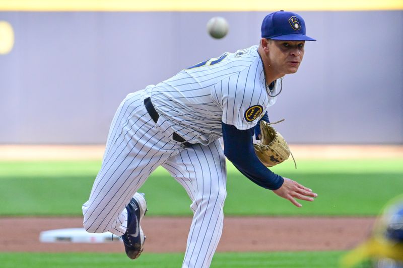 Aug 10, 2024; Milwaukee, Wisconsin, USA; Milwaukee Brewers starting pitcher Tobias Myers (36) pitches against the Cincinnati Reds in the first inning at American Family Field. Mandatory Credit: Benny Sieu-USA TODAY Sports