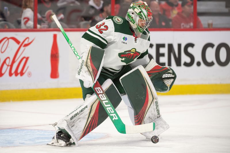 Oct 27, 2022; Ottawa, Ontario, CAN; Minnesota Wild goalie Filip Gustavsson (32) warms up prior to game against the Ottawa Senators at the Canadian Tire Centre. Mandatory Credit: Marc DesRosiers-USA TODAY Sports