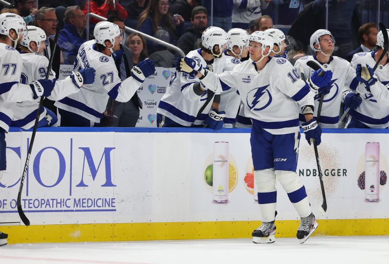 Mar 8, 2026; Buffalo, New York, USA;  Tampa Bay Lightning right wing Corey Perry (10) celebrates his goal with teammates during the second period against the Buffalo Sabres at KeyBank Center. Mandatory Credit: Timothy T. Ludwig-Imagn Images