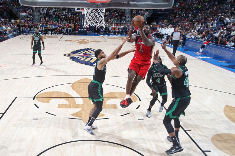 NEW ORLEANS, LA - MARCH 30: Zion Williamson #1 of the New Orleans Pelicans drives to the basket during the game against the Boston Celtics on March 30, 2024 at the Smoothie King Center in New Orleans, Louisiana. NOTE TO USER: User expressly acknowledges and agrees that, by downloading and or using this Photograph, user is consenting to the terms and conditions of the Getty Images License Agreement. Mandatory Copyright Notice: Copyright 2024 NBAE (Photo by Layne Murdoch Jr./NBAE via Getty Images)