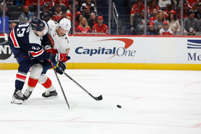 Nov 8, 2023; Washington, District of Columbia, USA; Washington Capitals right wing Tom Wilson (43) and Florida Panthers defenseman Dmitry Kulikov (7) battle for the puck in the first period at Capital One Arena. Mandatory Credit: Geoff Burke-USA TODAY Sports