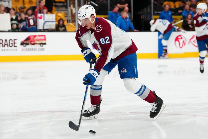 Apr 14, 2024; Las Vegas, Nevada, USA; Colorado Avalanche defenseman Caleb Jones (82) warms up before the start of a game against the Vegas Golden Knights at T-Mobile Arena. Mandatory Credit: Stephen R. Sylvanie-USA TODAY Sports