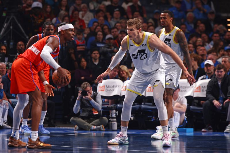 OKLAHOMA CITY, OK - DECEMBER 3: Lauri Markkanen #23 of the Utah Jazz plays defense during the game against the Oklahoma City Thunder during the Emirates NBA Cup game on on December 3, 2024 at Paycom Center in Oklahoma City, Oklahoma. NOTE TO USER: User expressly acknowledges and agrees that, by downloading and or using this photograph, User is consenting to the terms and conditions of the Getty Images License Agreement. Mandatory Copyright Notice: Copyright 2024 NBAE (Photo by Zach Beeker/NBAE via Getty Images)