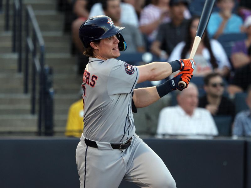 May 20, 2025; St. Petersburg, Florida, USA; Houston Astros outfielder Jake Meyers (6) doubles during the second inning against the Tampa Bay Rays at George M. Steinbrenner Field. Mandatory Credit: Kim Klement Neitzel-Imagn Images