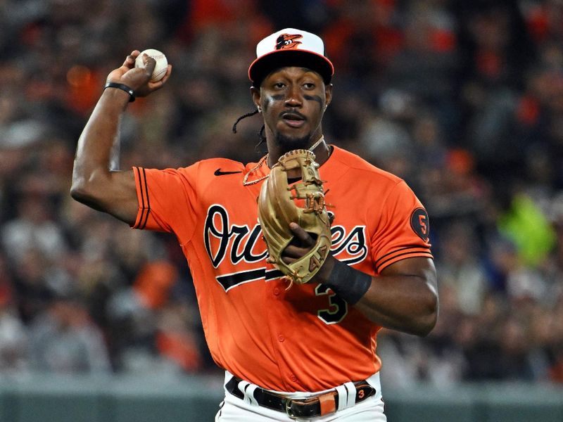 Oct 8, 2023; Baltimore, Maryland, USA; Baltimore Orioles shortstop Jorge Mateo (3) fields a ball during the eighth inning against the Texas Rangers during game two of the ALDS for the 2023 MLB playoffs at Oriole Park at Camden Yards. Mandatory Credit: Tommy Gilligan-USA TODAY Sports