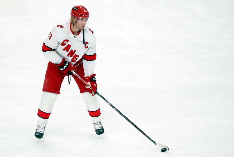 Oct 18, 2024; Pittsburgh, Pennsylvania, USA;  Carolina Hurricanes center Jordan Staal (11) warms up against the Pittsburgh Penguins at PPG Paints Arena. Mandatory Credit: Charles LeClaire-Imagn Images