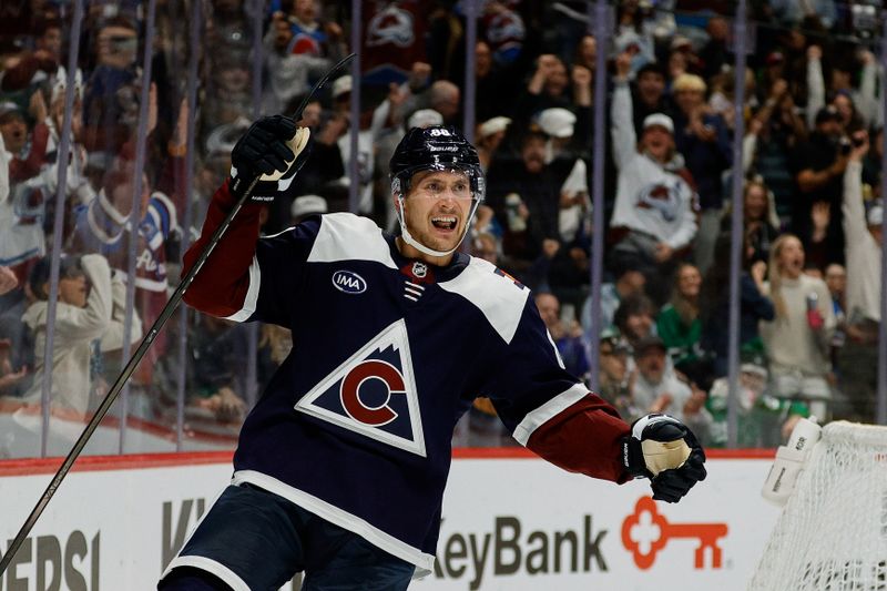 Oct 11, 2025; Denver, Colorado, USA; Colorado Avalanche center Martin Necas (88) celebrates after his goal in the second period against the Dallas Stars at Ball Arena. Mandatory Credit: Isaiah J. Downing-Imagn Images