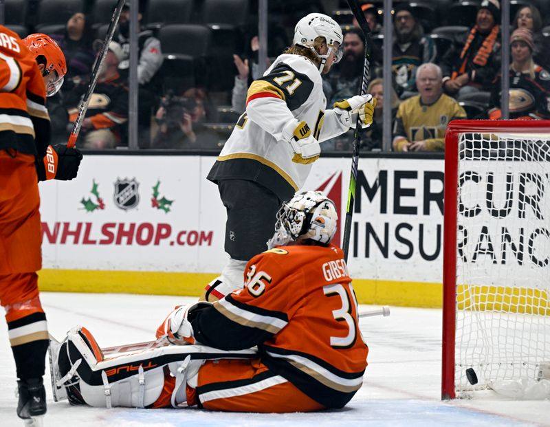 Dec 4, 2024; Anaheim, California, USA;  Vegas Golden Knights center William Karlsson (71) reacts after scoring against Anaheim Ducks goaltender John Gibson (36) during the first period at Honda Center. Mandatory Credit: Alex Gallardo-Imagn Images