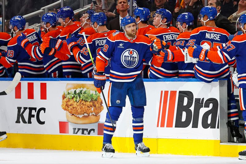 Oct 25, 2024; Edmonton, Alberta, CAN; The Edmonton Oilers celebrate a goal scored by forward Leon Draisaitl (29) during the second period against the Pittsburgh Penguins at Rogers Place. Mandatory Credit: Perry Nelson-Imagn Images