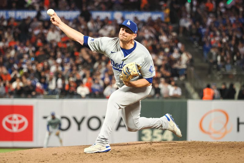 Jun 28, 2024; San Francisco, California, USA; Los Angeles Dodgers relief pitcher Daniel Hudson (41) pitches against the San Francisco Giants during the sixth inning at Oracle Park. Mandatory Credit: Kelley L Cox-USA TODAY Sports