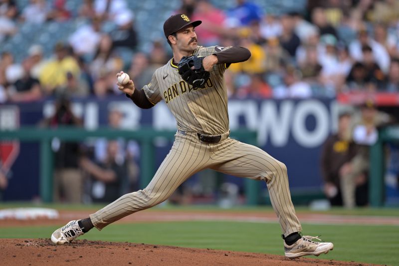 Jun 5, 2024; Anaheim, California, USA;  San Diego Padres starting pitcher Dylan Cease (84) delivers to the plate in the first inning against the Los Angeles Angels at Angel Stadium. Mandatory Credit: Jayne Kamin-Oncea-USA TODAY Sports