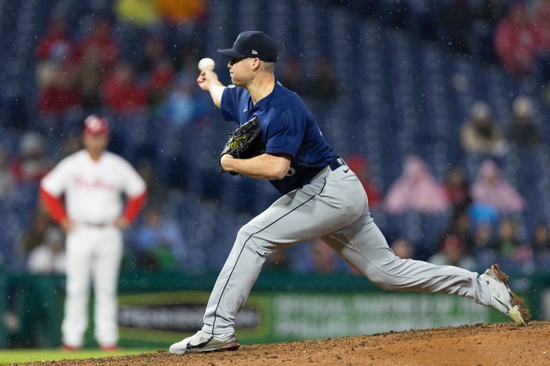 Apr 26, 2023; Philadelphia, Pennsylvania, USA; Seattle Mariners relief pitcher Justin Topa (48) throws a pitch against the Philadelphia Phillies during the eighth inning at Citizens Bank Park. Mandatory Credit: Bill Streicher-USA TODAY Sports