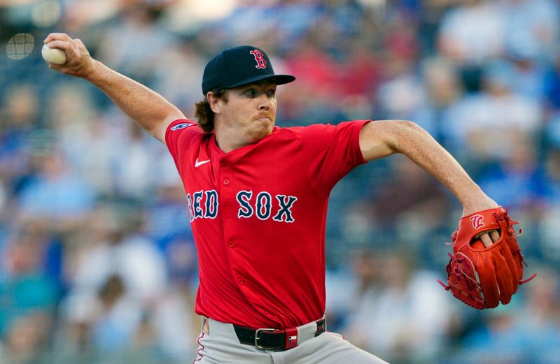May 9, 2025; Kansas City, Missouri, USA; Boston Red Sox starting pitcher Hunter Dobbins (73) pitches during the second inning against the Kansas City Royals at Kauffman Stadium. Mandatory Credit: Jay Biggerstaff-Imagn Images