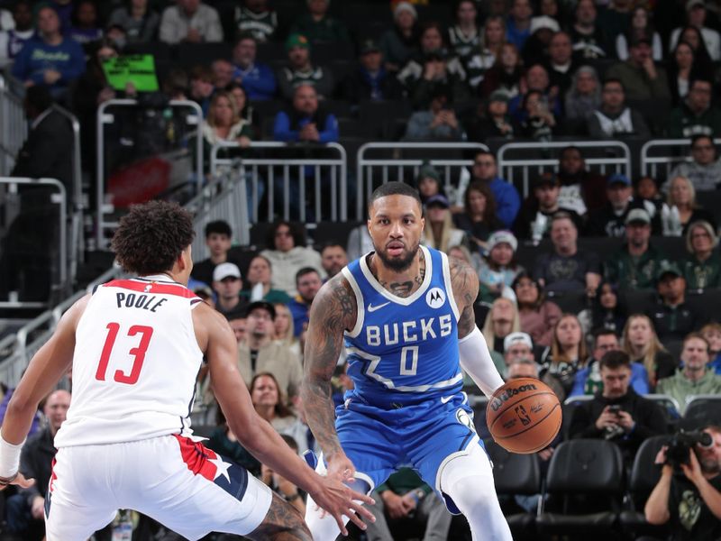 MILWAUKEE, WI - NOVEMBER 30: Damian Lillard #0 of the Milwaukee Bucks dribbles the ball during the game against the Washington Wizards on November 30, 2024 at Fiserv Forum Center in Milwaukee, Wisconsin. NOTE TO USER: User expressly acknowledges and agrees that, by downloading and or using this Photograph, user is consenting to the terms and conditions of the Getty Images License Agreement. Mandatory Copyright Notice: Copyright 2024 NBAE (Photo by Gary Dineen/NBAE via Getty Images).