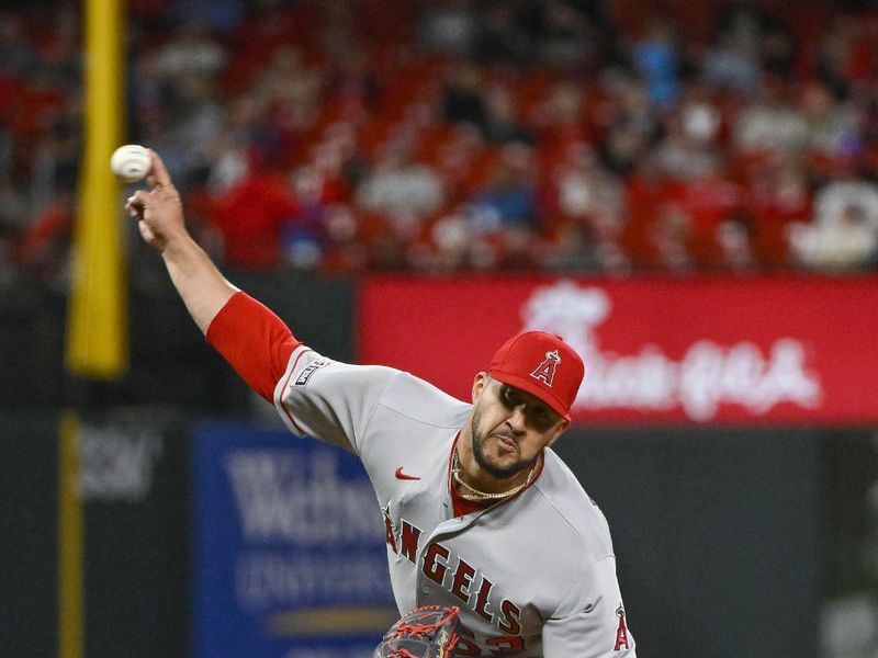 May 2, 2023; St. Louis, Missouri, USA;  Los Angeles Angels relief pitcher Carlos Estevez (53) pitches against the St. Louis Cardinals during the ninth inning at Busch Stadium. Mandatory Credit: Jeff Curry-USA TODAY Sports