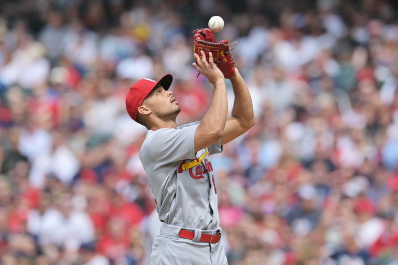 May 28, 2023; Cleveland, Ohio, USA; St. Louis Cardinals relief pitcher Jordan Hicks (12) catches a ball hit by  Cleveland Guardians pinch hitter Josh Naylor (not pictured) during the sixth inning at Progressive Field. Mandatory Credit: Ken Blaze-USA TODAY Sports