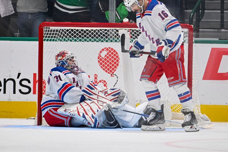 Nov 20, 2023; Dallas, Texas, USA; New York Rangers goaltender Igor Shesterkin (31) reacts to giving up the game winning goal to Dallas Stars center Tyler Seguin (not pictured) during the third period at the American Airlines Center. Mandatory Credit: Jerome Miron-USA TODAY Sports