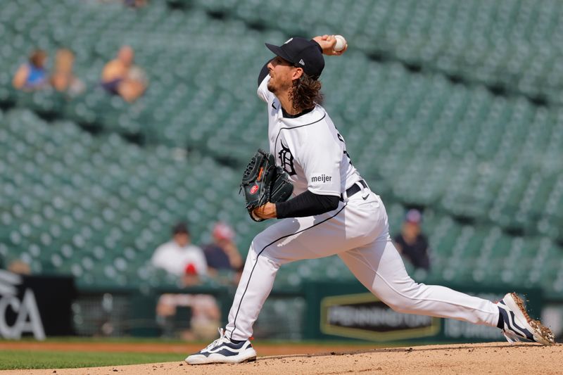 Jun 14, 2023; Detroit, Michigan, USA; Detroit Tigers starting pitcher Michael Lorenzen (21) throws against the Atlanta Braves in the first inning at Comerica Park. Mandatory Credit: Rick Osentoski-USA TODAY Sports