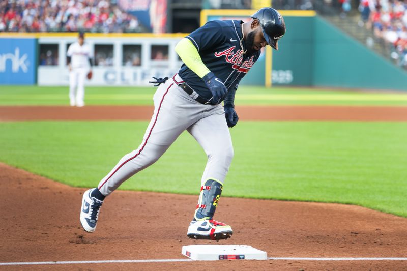 Jul 3, 2023; Cleveland, Ohio, USA; Atlanta Braves designated hitter Marcell Ozuna (20) rounds the bases after hitting a home run during the fourth inning against the Cleveland Guardians at Progressive Field. Mandatory Credit: Ken Blaze-USA TODAY Sports