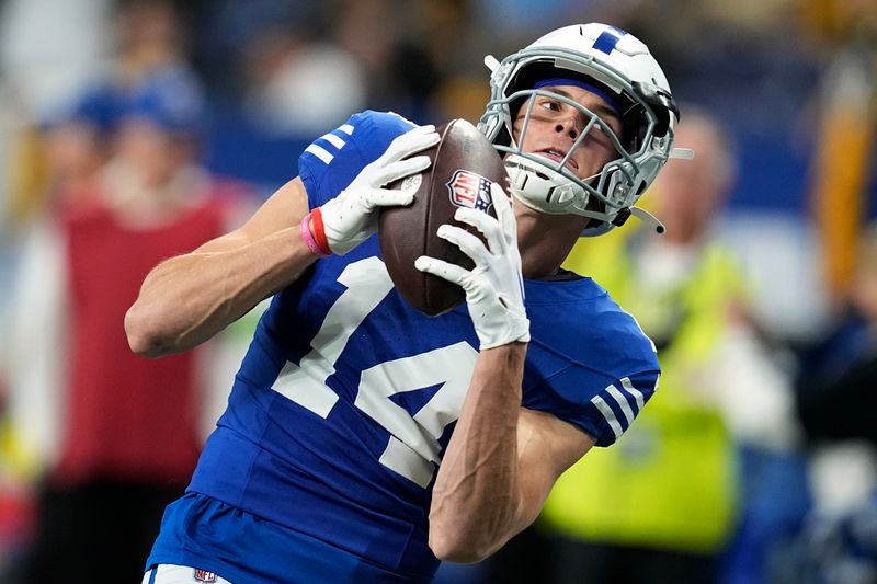 Indianapolis Colts wide receiver Alec Pierce (14) warms up before an NFL football game against the Pittsburgh Steelers in Indianapolis Saturday, Dec. 16, 2023. (AP Photo/Darron Cummings)