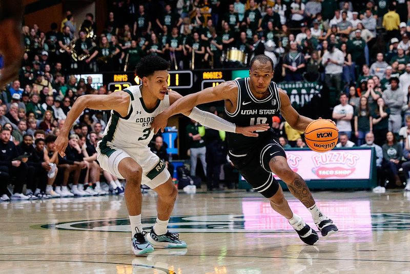 Feb 17, 2024; Fort Collins, Colorado, USA; Utah State Aggies guard Darius Brown II (10) controls the ball against Colorado State Rams guard Josiah Strong (3) in the first half at Moby Arena. Mandatory Credit: Isaiah J. Downing-USA TODAY Sports