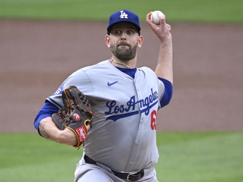 May 11, 2024; San Diego, California, USA; Los Angeles Dodgers starting pitcher James Paxton (65) throws a pitch against the San Diego Padres during the first inning at Petco Park. Mandatory Credit: Orlando Ramirez-USA TODAY Sports