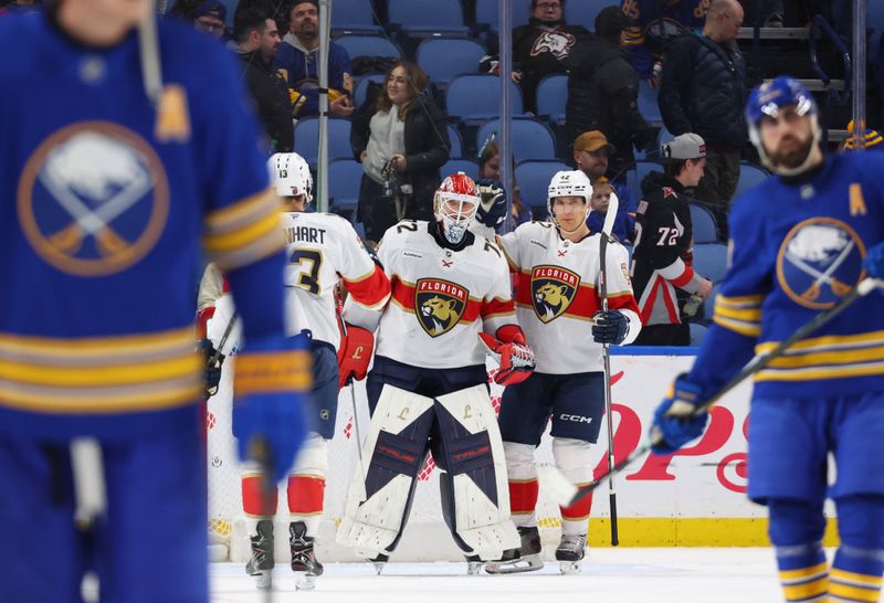 Jan 12, 2026; Buffalo, New York, USA;  The Florida Panthers celebrate a win over the Buffalo Sabres at KeyBank Center. Mandatory Credit: Timothy T. Ludwig-Imagn Images
