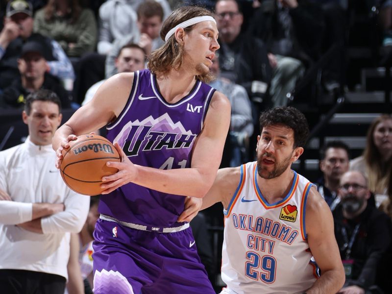 SALT LAKE CITY, UT - FEBRUARY 6: Kelly Olynyk #41 of the Utah Jazz looks to pass the ball during the game against the Oklahoma City Thunder on February 6, 2024 at Delta Center in Salt Lake City, Utah. NOTE TO USER: User expressly acknowledges and agrees that, by downloading and or using this Photograph, User is consenting to the terms and conditions of the Getty Images License Agreement. Mandatory Copyright Notice: Copyright 2024 NBAE (Photo by Melissa Majchrzak/NBAE via Getty Images)