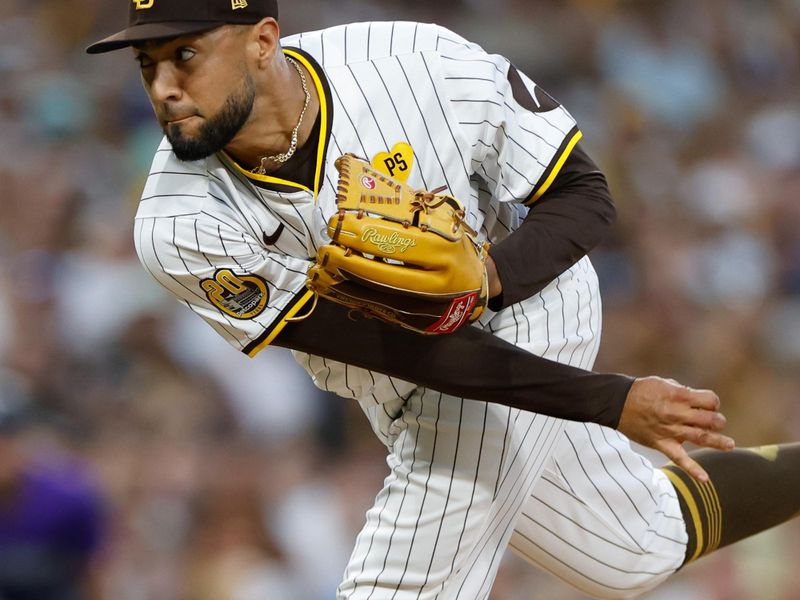 Aug 3, 2024; San Diego, California, USA; San Diego Padres relief pitcher Robert Suarez (75) throws against the Colorado Rockies during the ninth inning at Petco Park. Mandatory Credit: David Frerker-USA TODAY Sports