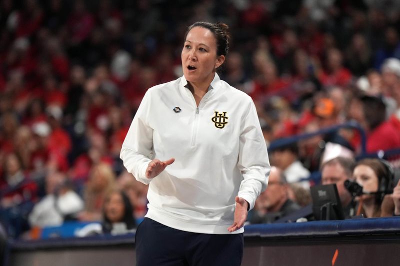 Mar 23, 2024; Spokane, WA, USA; UC Irvine Anteaters head coach Tamara Inoue reacts during a game against the Gonzaga Bulldogs at McCarthey Athletic Center. Mandatory Credit: Kirby Lee-USA TODAY Sports