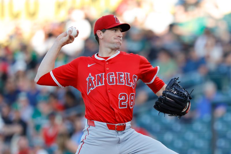 May 20, 2025; West Sacramento, California, USA; Los Angeles Angels starting pitcher Kyle Hendricks (28) throws a pitch during the first inning against the Athletics at Sutter Health Park. Mandatory Credit: Sergio Estrada-Imagn Images