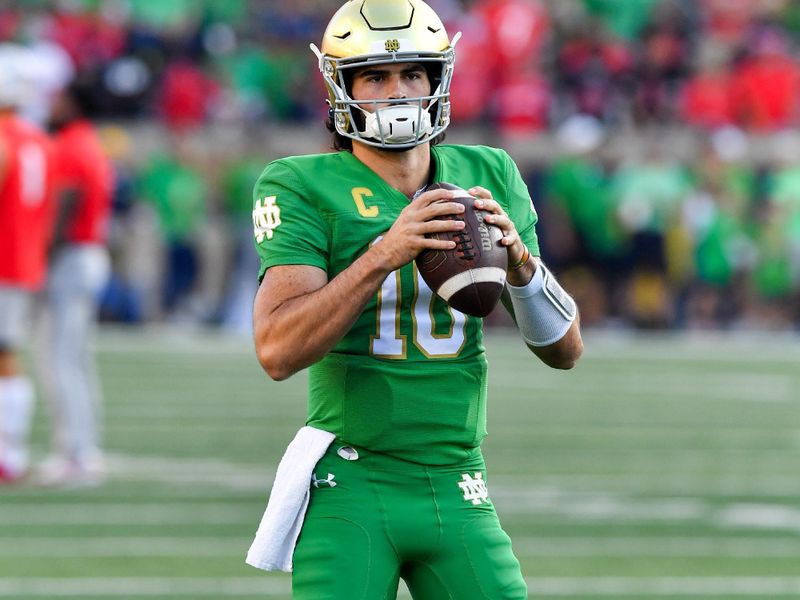 Sep 23, 2023; South Bend, Indiana, USA; Notre Dame Fighting Irish quarterback Sam Hartman (10) warms up before the game gainst the Ohio State Buckeyes at Notre Dame Stadium. Mandatory Credit: Matt Cashore-USA TODAY Sports