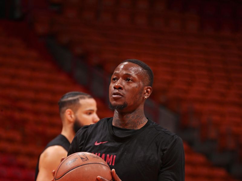 MIAMI, FL - JANUARY 31: Terry Rozier #2 of the Miami Heat warms up before the game against the Sacramento Kings on January 31, 2024 at Kaseya Center in Miami, Florida. NOTE TO USER: User expressly acknowledges and agrees that, by downloading and or using this Photograph, user is consenting to the terms and conditions of the Getty Images License Agreement. Mandatory Copyright Notice: Copyright 2024 NBAE (Photo by Issac Baldizon/NBAE via Getty Images)