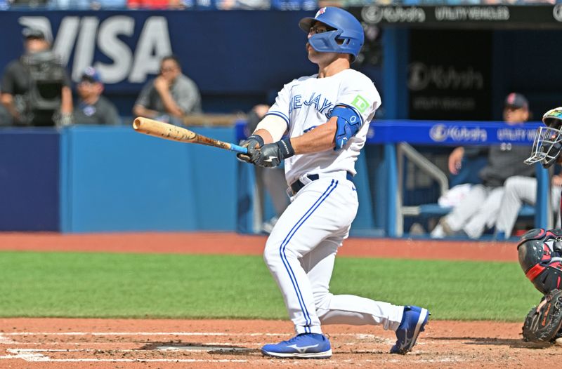 Aug 27, 2023; Toronto, Ontario, CAN;  Toronto Blue Jays second baseman Davis Schneider (36) hits a two-run home run against the Cleveland Guardians in the seventh inning at Rogers Centre. Mandatory Credit: Dan Hamilton-USA TODAY Sports