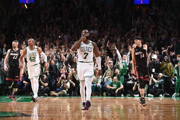 BOSTON, MA - OCTOBER 27: Jaylen Brown #7 of the Boston Celtics celebrates during the game against the Miami Heat on October 27, 2023 at the TD Garden in Boston, Massachusetts. NOTE TO USER: User expressly acknowledges and agrees that, by downloading and or using this photograph, User is consenting to the terms and conditions of the Getty Images License Agreement. Mandatory Copyright Notice: Copyright 2023 NBAE  (Photo by Brian Babineau/NBAE via Getty Images)