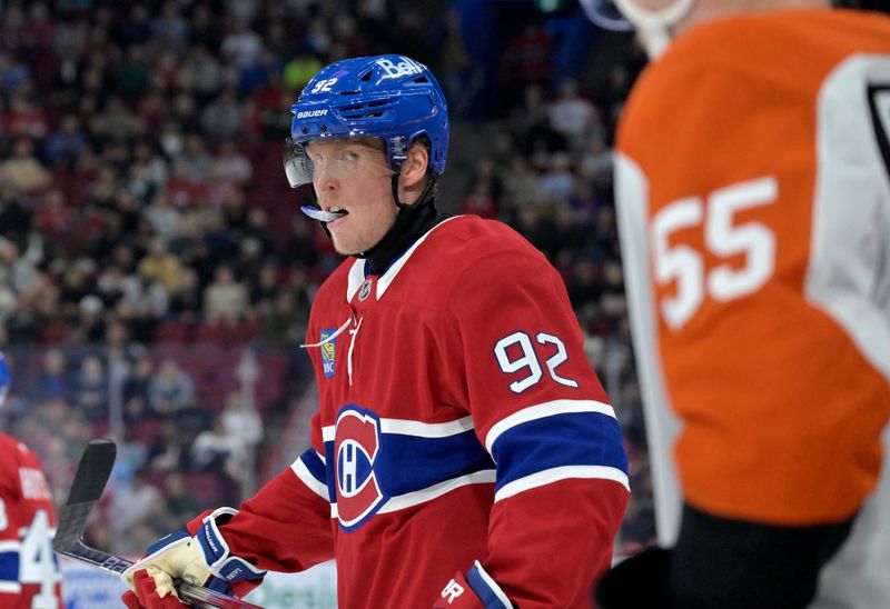 Sep 23, 2024; Montreal, Quebec, CAN; Montreal Canadiens forward Patrik Laine (92) prepares for a face off against the Philadelphia Flyers during the second period at the Bell Centre. Mandatory Credit: Eric Bolte-Imagn Images