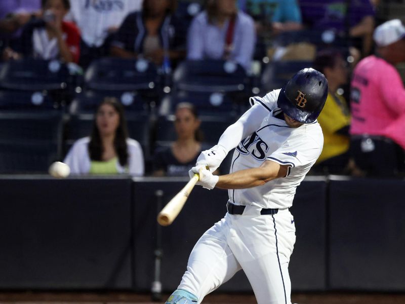 Jun 4, 2025; St. Petersburg, Florida, USA;  Tampa Bay Rays second base Brandon Lowe (8) hits an RBI double during the third inning against the Texas Rangers at George M. Steinbrenner Field. Mandatory Credit: Kim Klement Neitzel-Imagn Images
