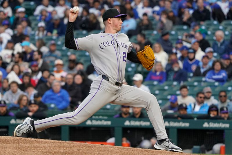 May 28, 2025; Chicago, Illinois, USA; Colorado Rockies pitcher Tanner Gordon (29) throws the ball against the Chicago Cubs during the first inning at Wrigley Field. Mandatory Credit: David Banks-Imagn Images