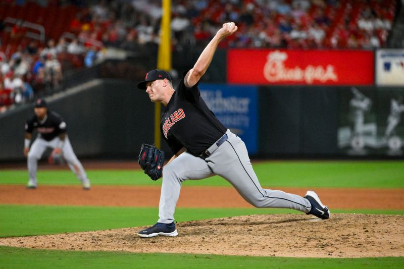 Sep 20, 2024; St. Louis, Missouri, USA; Cleveland Guardians relief pitcher Erik Sabrowski (62) pitches against the St. Louis Cardinals during the ninth inning at Busch Stadium. Mandatory Credit: Jeff Curry-Imagn Images