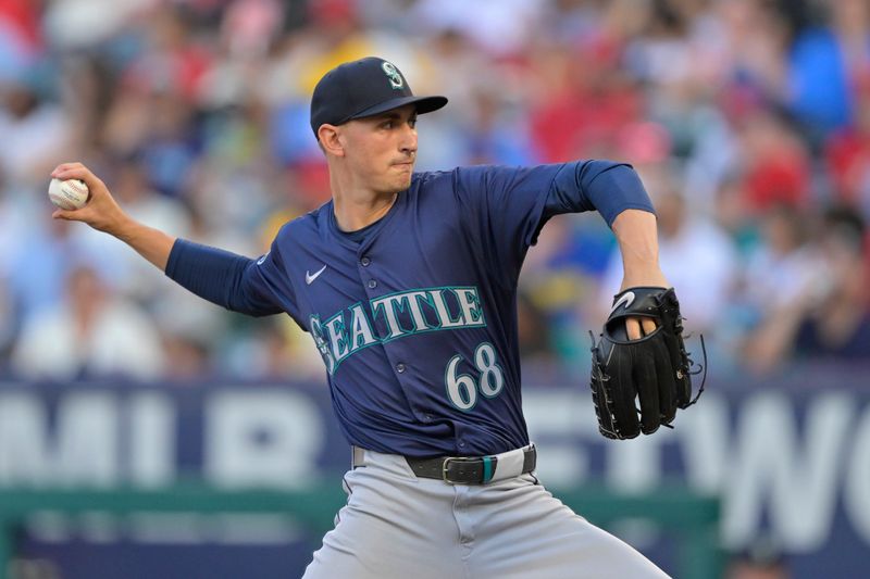 Jul 13, 2024; Anaheim, California, USA;  George Kirby #68 of the Seattle Mariners delivers to the plate in the first inning against the Los Angeles Angels at Angel Stadium. Mandatory Credit: Jayne Kamin-Oncea-USA TODAY Sports