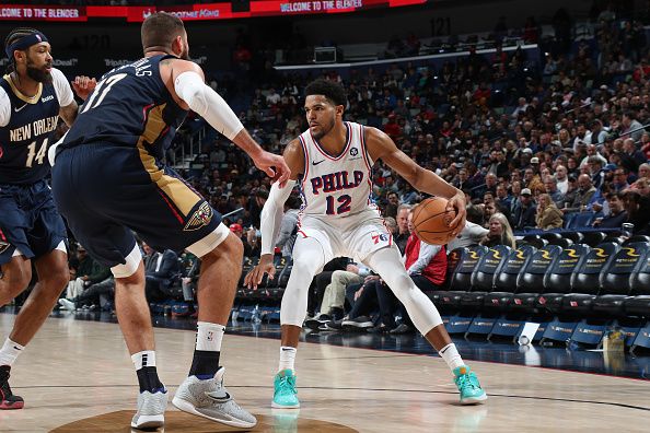 NEW ORLEANS, LA - NOVEMBER 29: Tobias Harris #12 of the Philadelphia 76ers dribbles the ball during the game against the New Orleans Pelicans  on November 29, 2023 at the Smoothie King Center in New Orleans, Louisiana. NOTE TO USER: User expressly acknowledges and agrees that, by downloading and or using this Photograph, user is consenting to the terms and conditions of the Getty Images License Agreement. Mandatory Copyright Notice: Copyright 2023 NBAE (Photo by Layne Murdoch Jr./NBAE via Getty Images)