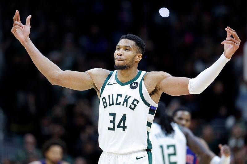 MILWAUKEE, WISCONSIN - NOVEMBER 13: Giannis Antetokounmpo #34 of the Milwaukee Bucks reacts after an overtime victory against the Detroit Pistons at Fiserv Forum on November 13, 2024 in Milwaukee, Wisconsin. NOTE TO USER: User expressly acknowledges and agrees that, by downloading and or using this photograph, User is consenting to the terms and conditions of the Getty Images License Agreement. (Photo by John Fisher/Getty Images)