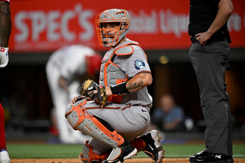 Jun 30, 2025; Arlington, Texas, USA; Baltimore Orioles catche Gary Sanchez (99) replaces Baltimore Orioles catcher Chadwick Tromp (not pictured) during the third inning at Globe Life Field. Mandatory Credit: Jerome Miron-Imagn Images
