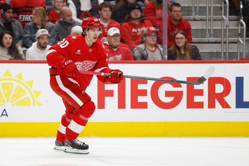 Dec 23, 2025; Detroit, Michigan, USA;  Detroit Red Wings defenseman Albert Johansson (20) skates in the first period against the Dallas Stars at Little Caesars Arena. Mandatory Credit: Rick Osentoski-Imagn Images