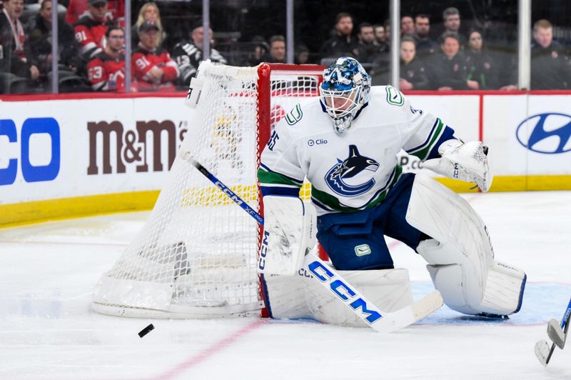 Dec 14, 2025; Newark, New Jersey, USA; Vancouver Canucks goaltender Thatcher Demko (35) tends net against the New Jersey Devils during the second period at Prudential Center. Mandatory Credit: John Jones-Imagn Images